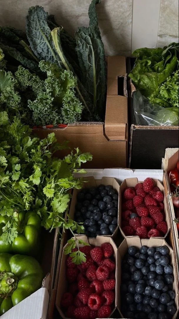 Vegetales frescos y frutos rojos en el mercado