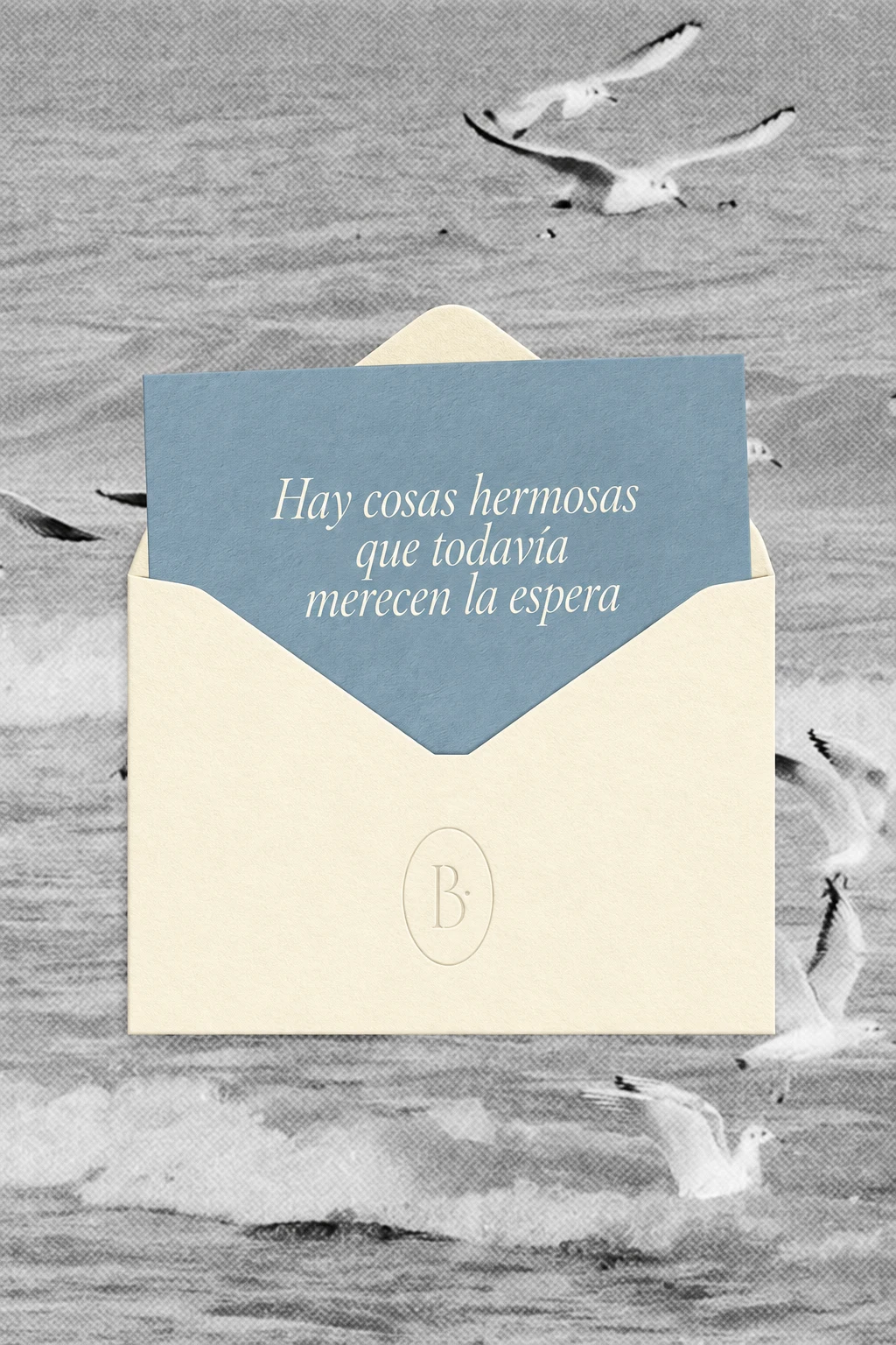 Sobre B·WLL abierto sobre un paisaje de aves, con una carta que dice Hay cosas hermosas que todavía merecen la espera